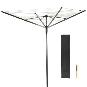  Rotary Airer 4 Arm 50 Metre Black with Grey Line with Metal Ground Spike and Cover