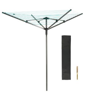  Rotary Airer 4 Arm 50 Metre Dark Grey with Green Line with Metal Ground Spike and Cover